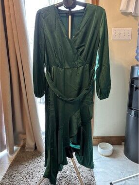 Women’s Satin V Neck Midi Dress Long Sleeve Wrap Around